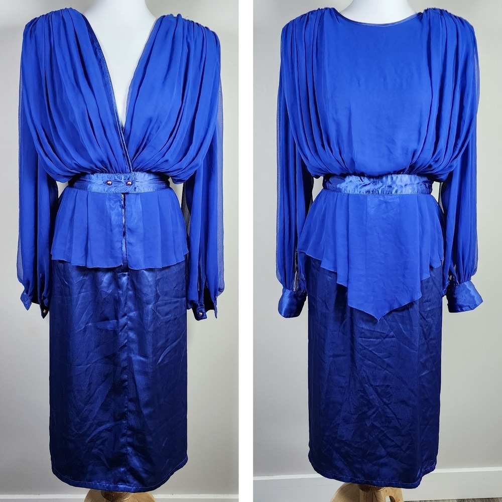 Vintage 80s Chiffon Dress XS Royal Blue Slinky Glam Elegant Dallas Shoulder Pads